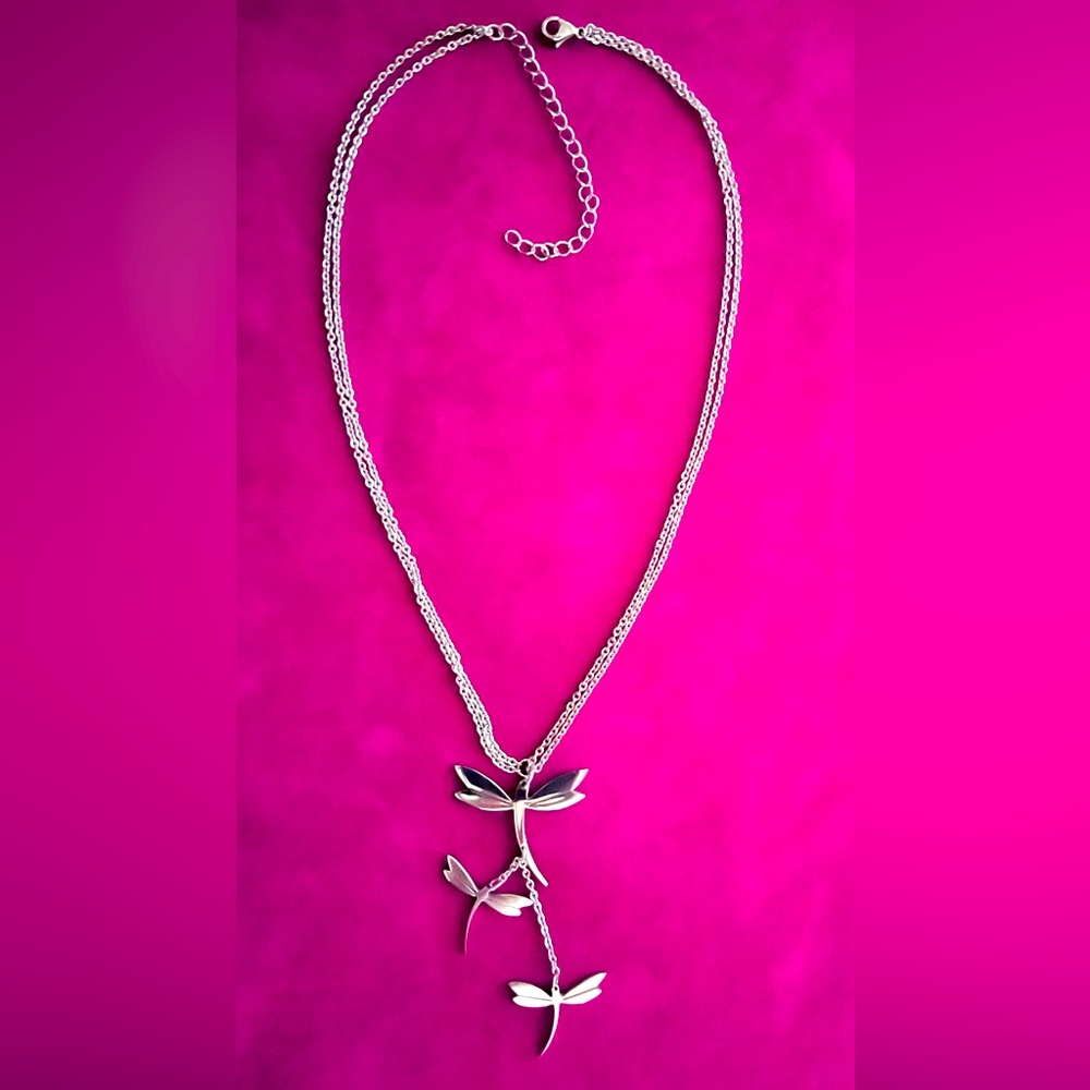 DRAGONFLIES ALL SILVER TWO CHAIN NECKLACE.  10” LIGHTWEIGHT BEAUTIFULLY MADE